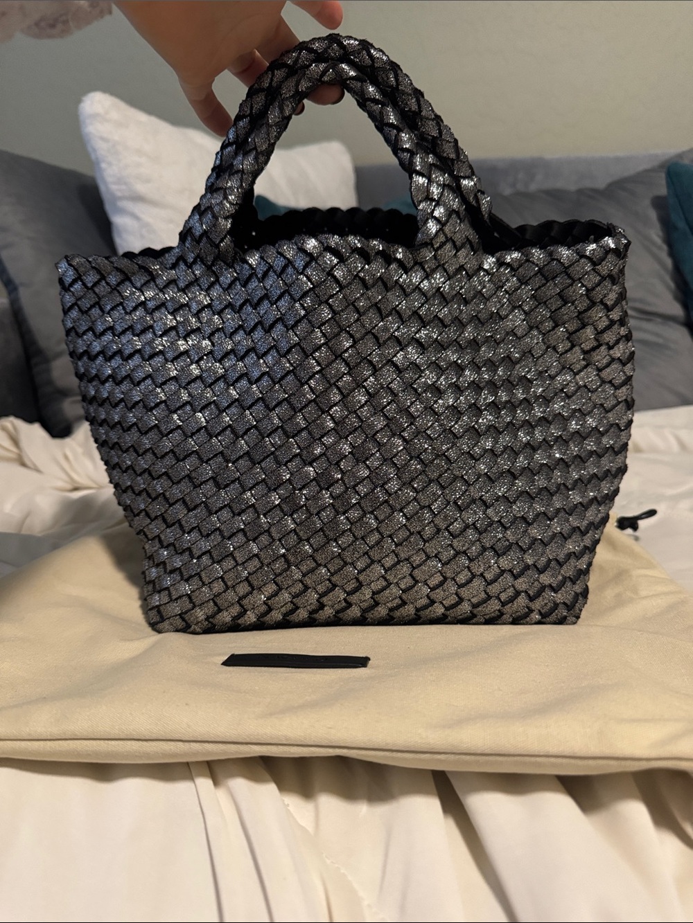 Naghedi St Barths Metallic Silver Woven Tote with Pouch